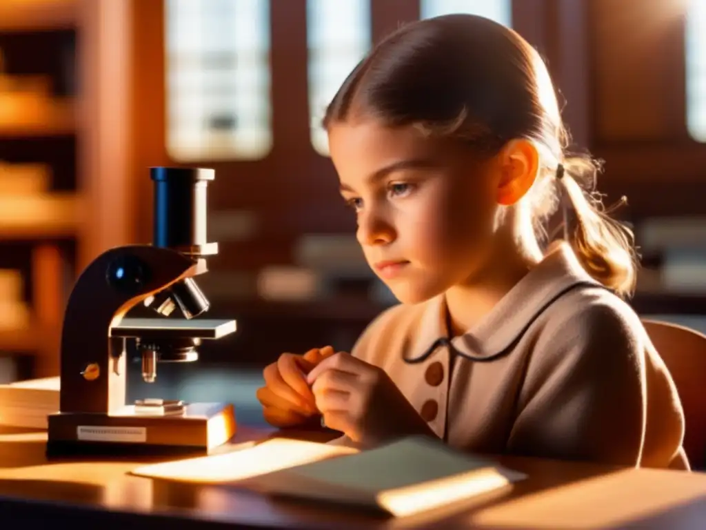 La joven Nettie Stevens examina una diapositiva bajo el microscopio, en un ambiente sereno y lleno de determinación