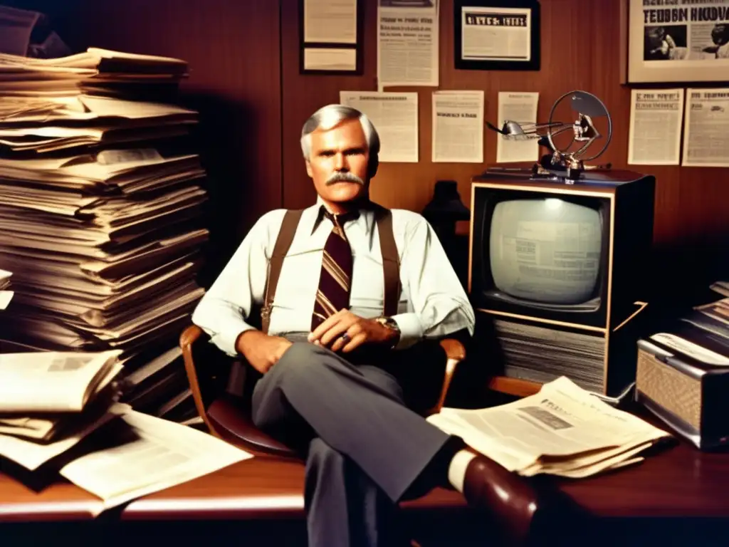 Un joven Ted Turner en su oficina rodeado de equipo de transmisión y periódicos, con una mirada determinada