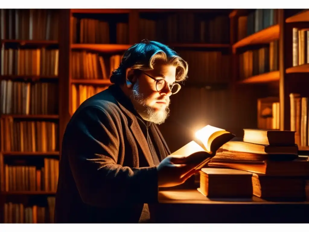 Un joven Guillermo del Toro inmerso en un mundo de misterio, rodeado de libros y artefactos peculiares en una atmósfera mágica