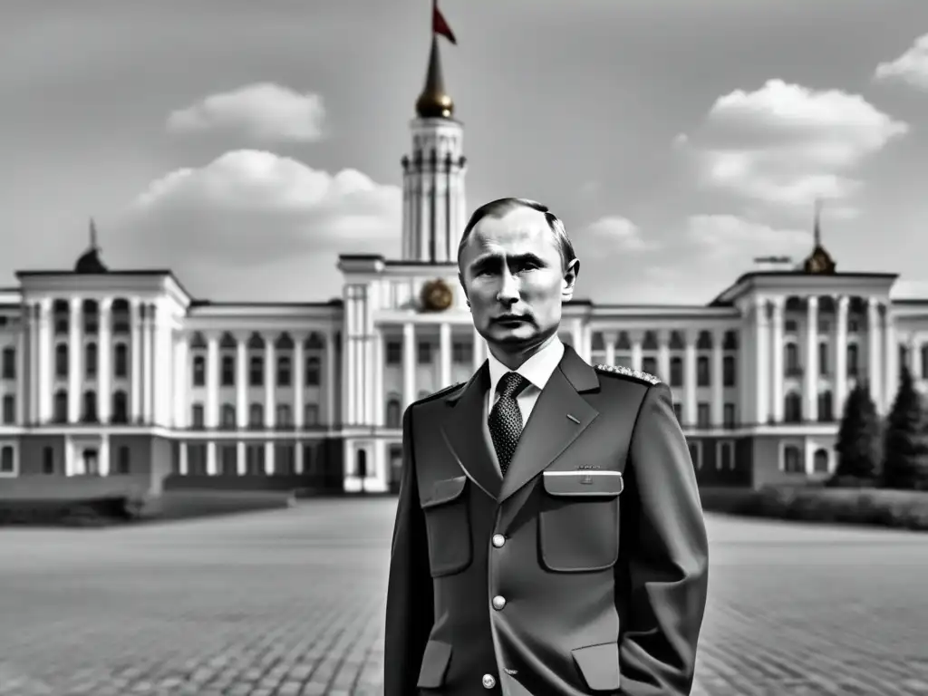 Un joven Vladimir Putin viste uniforme escolar frente a un edificio de la era soviética