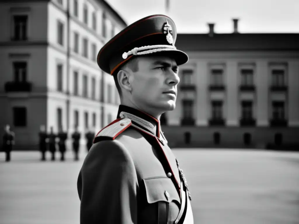 Un joven Zhukov en uniforme militar frente a la academia, reflejando determinación