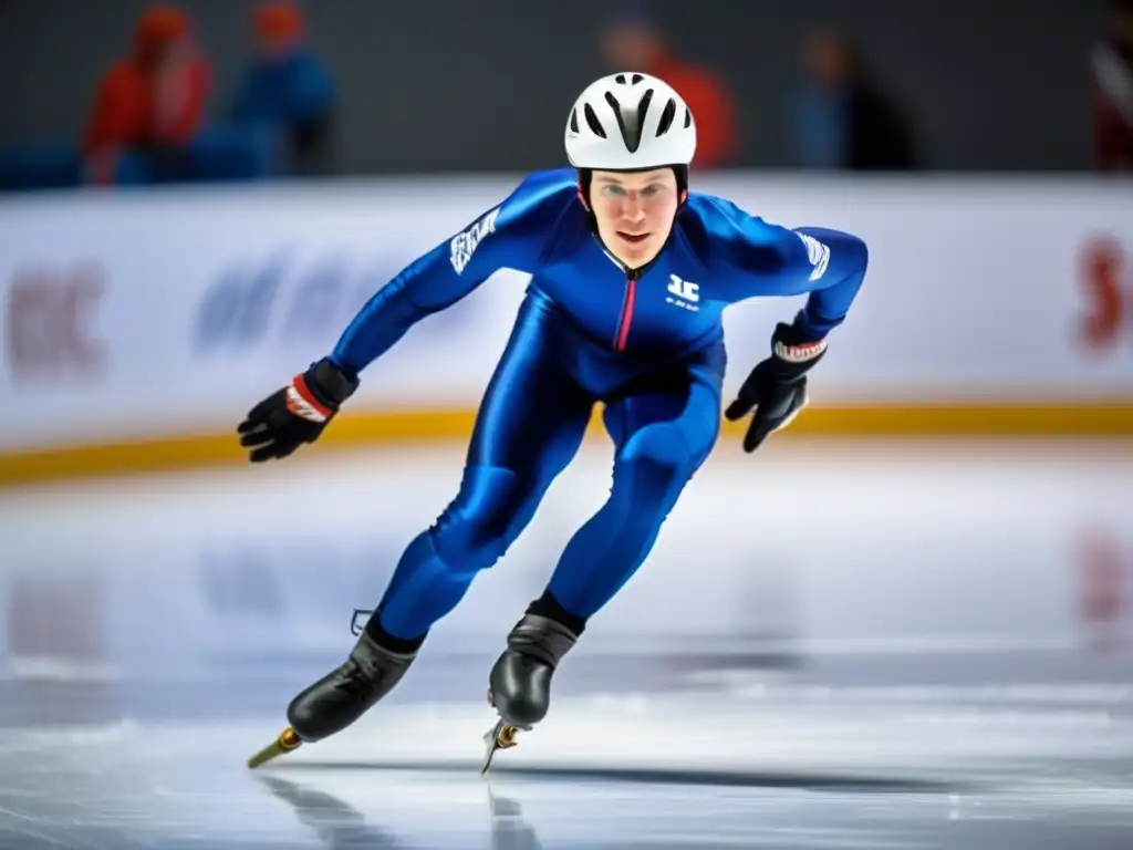 Un joven Eric Heiden, vestido con un traje de patinaje de velocidad, deslizándose sin esfuerzo sobre el resplandeciente hielo de una pista cubierta