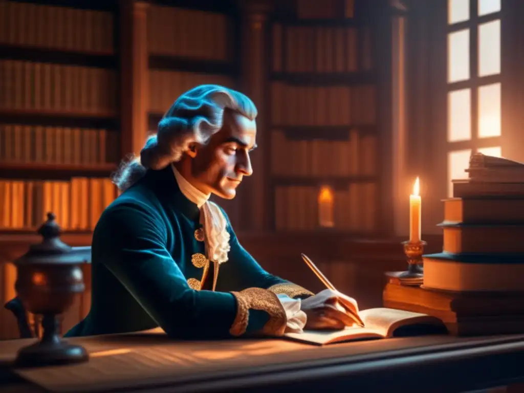 Un joven Voltaire concentrado escribiendo en su estudio iluminado por la luz del sol