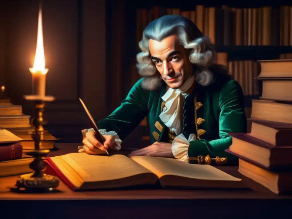 Un joven Voltaire reflexiona en su escritorio, rodeado de libros y manuscritos en una habitación iluminada por velas