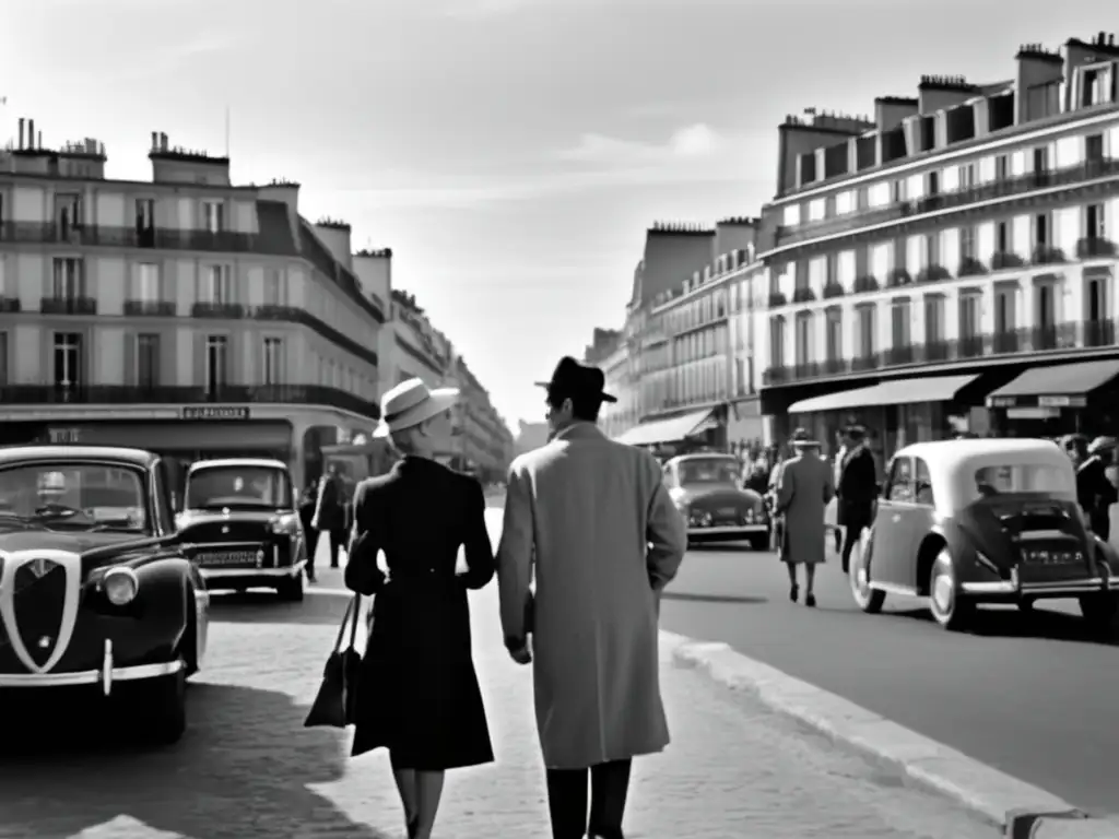 Dos jóvenes pasean por los bulliciosos Champs-Élysées en una icónica escena en blanco y negro de 'Al final de la escapada' de Jean-Luc Godard, capturando la esencia de la Nouvelle Vague