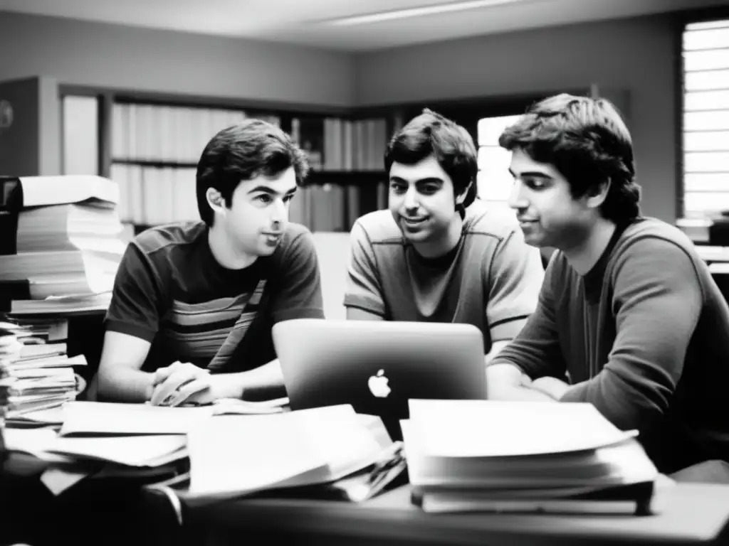 Dos jóvenes estudiantes, Larry Page y Sergey Brin, enfocados en su trabajo rodeados de equipo informático en su dormitorio en Stanford