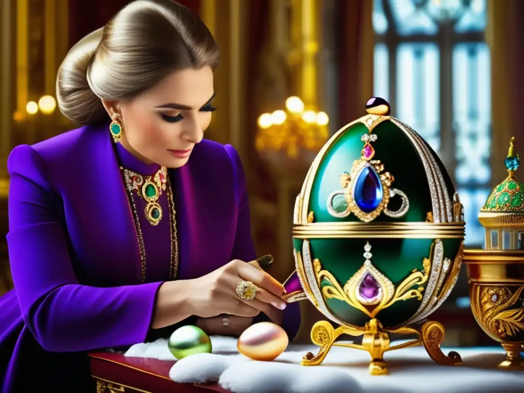 Un joyero ruso famoso elabora con destreza un impresionante huevo Fabergé, rodeado de arquitectura rusa y paisajes nevados