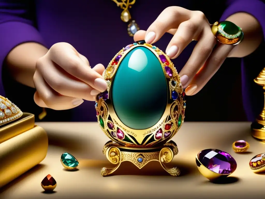 Un joyero ruso crea con precisión una deslumbrante joya Fabergé, rodeado de vibrantes gemas y filigrana de oro