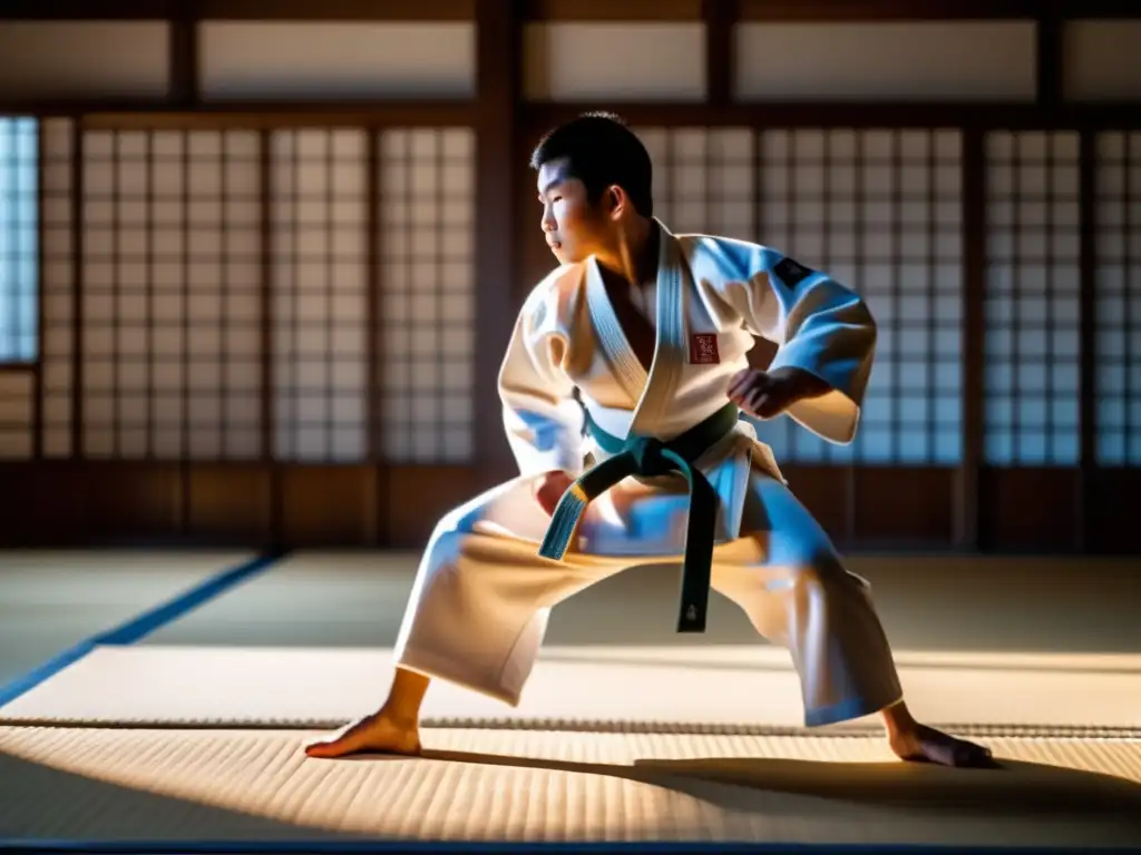 Biografía del judoca Yasuhiro Yamashita: Joven practicando judo con determinación en un dojo japonés, proyectando fuerza y gracia