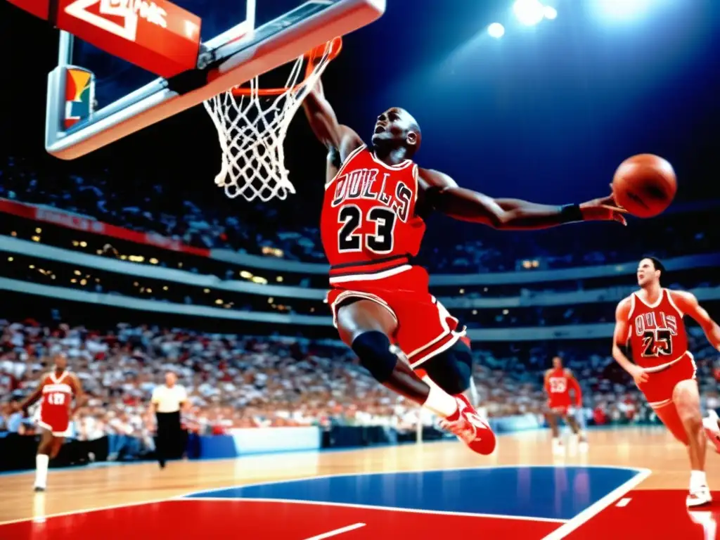Durante un juego olímpico de baloncesto, Michael Jordan se eleva para clavar la pelota con determinación, rodeado de energía y emoción de la multitud