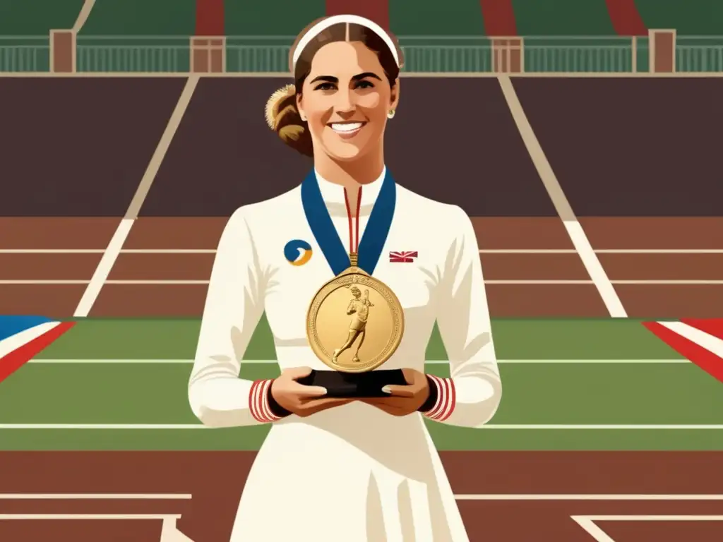 Charlotte Cooper en los Juegos de 1900: ilustración digital de la tenista en el podio con su medalla de oro y una expresión triunfante