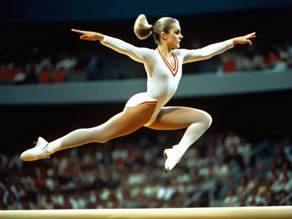 Durante los Juegos Olímpicos de 1972, Olga Korbut ejecuta un equilibrio perfecto en la barra con una expresión determinada