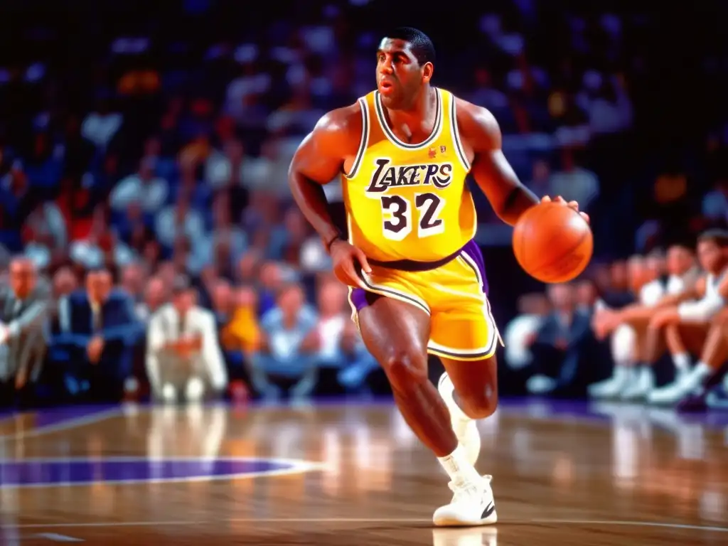 Concentración y liderazgo: Magic Johnson orquestando una jugada en la cancha de baloncesto