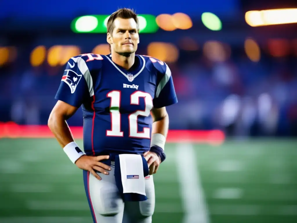 Tom Brady en la NFL: Jugador icónico en el campo de fútbol con intensa determinación y el estadio iluminado