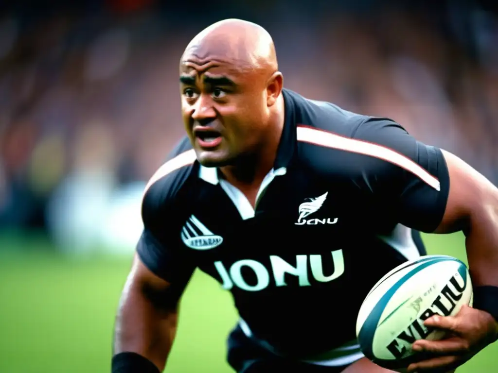 Jugador de rugby Jonah Lomu impactando en el juego