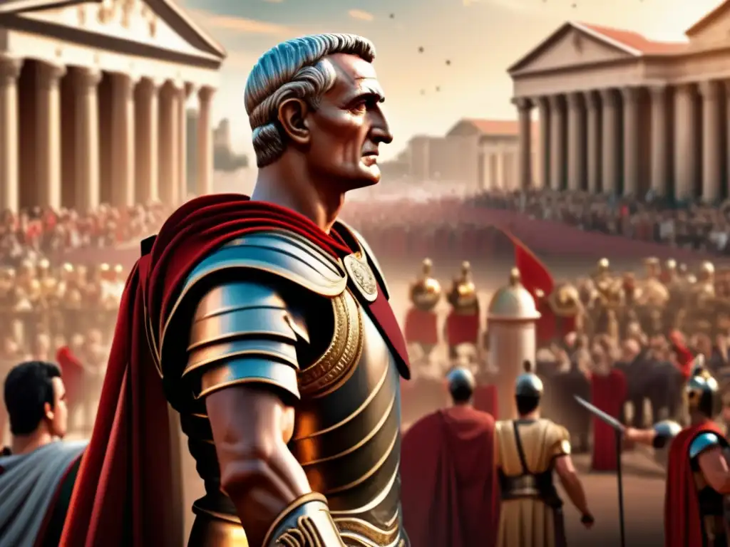 Julio César líder militar y político en ilustración digital, con armadura romana, arquitectura antigua y multitud aclamando