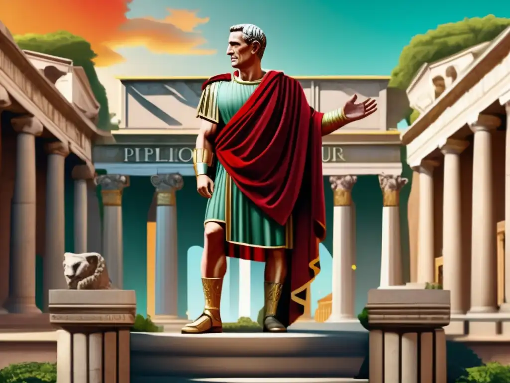 Julio César líder militar y político, en un majestuoso foro romano rodeado de columnas y laureles, exudando poder y grandeza histórica