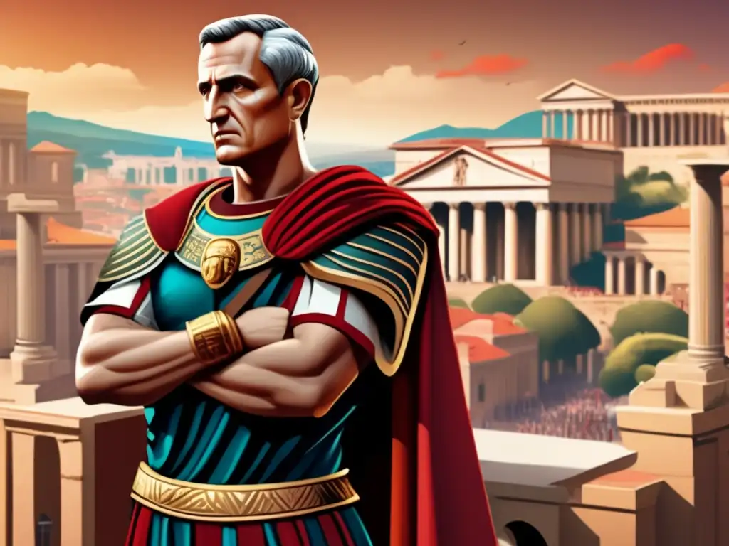Julio César líder militar y político en ilustración digital vibrante y detallada, con expresión confiada y la antigua ciudad romana de fondo