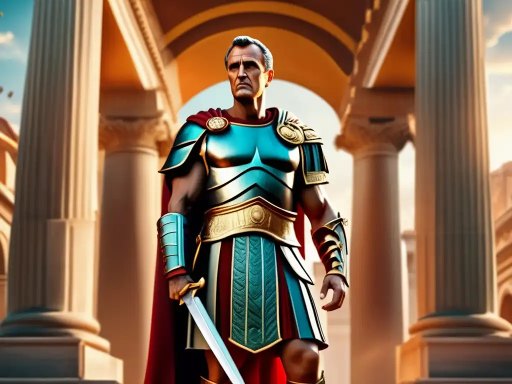 Julio César líder militar y político en majestuosa representación artística de la Roma antigua