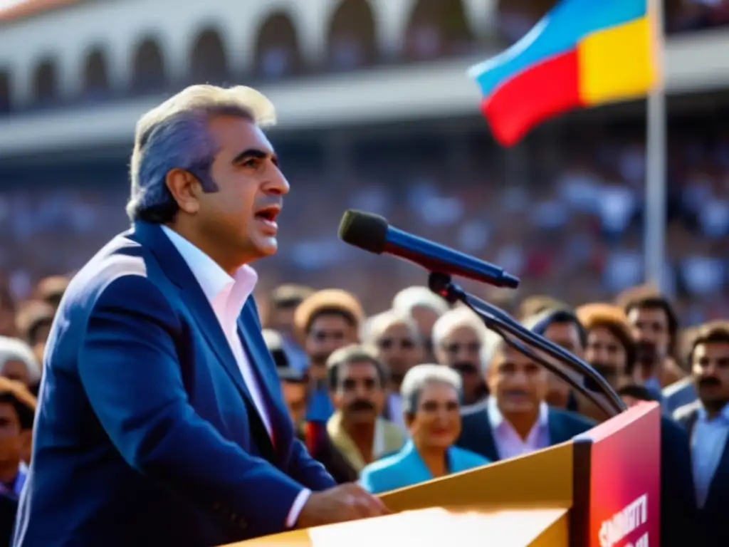 Julio María Sanguinetti liderando a una multitud en un evento político en Uruguay, con vibrantes colores y carisma