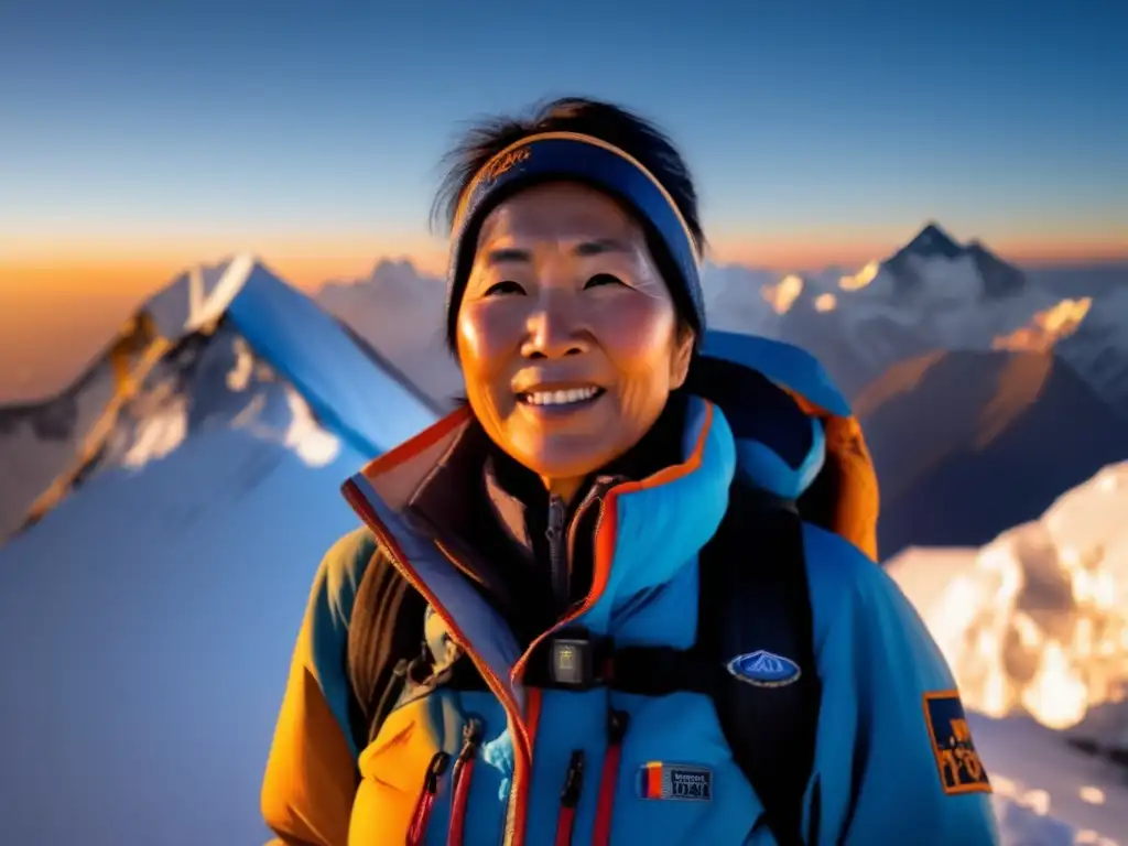 Junko Tabei en la cumbre del Everest, reflejando su vida pionera