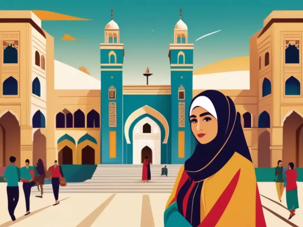 La ilustración muestra a Fátima alFihri junto a la Universidad de alQarawiyyin, reflejando su legado pionero en la educación
