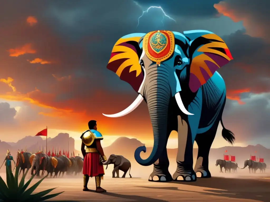 Aníbal Barca junto a un elefante de guerra en una escena de conflicto, destacando sus estrategias militares en las Guerras Púnicas