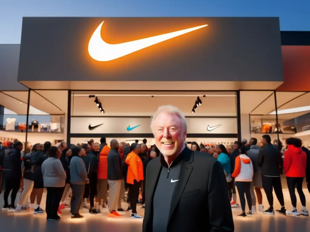 Phil Knight sonríe junto a una multitud diversa frente a una tienda Nike brillantemente iluminada