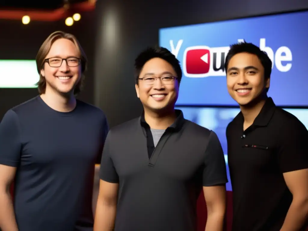 Chad Hurley, Steve Chen y Jawed Karim posan juntos, sonrientes y seguros, con el logo de YouTube en el fondo