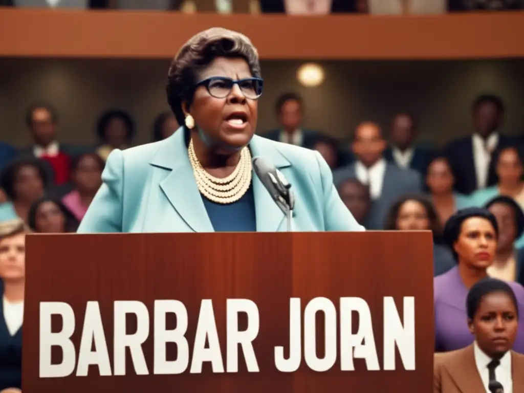 Barbara Jordan lucha por la justicia social mientras pronuncia un apasionado discurso, con una audiencia diversa y comprometida escuchando atentamente