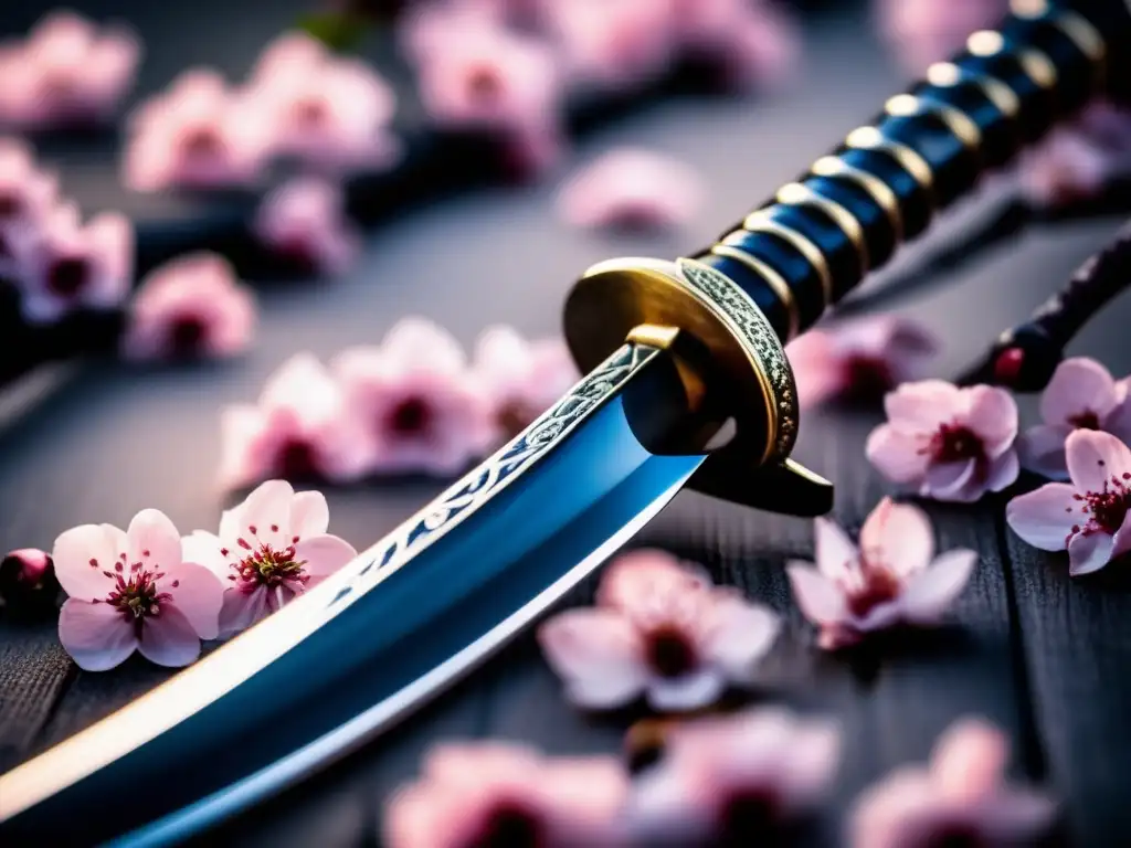 Una katana descansa sobre pétalos de cerezo, reflejando la ética samurái filosofía Yamamoto Tsunetomo