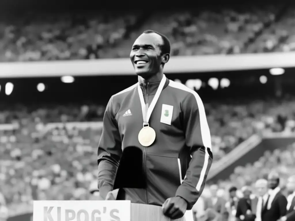 Kipchoge Keino, atleta keniano, en el podio de los Juegos Olímpicos de 1968, con su medalla de oro, la bandera de Kenia y una expresión de triunfo