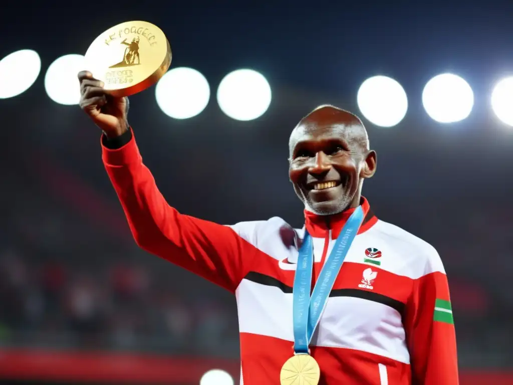 Biografia Kipchoge Keino atleta keniano celebrando victoria con medalla de oro en estadio iluminado