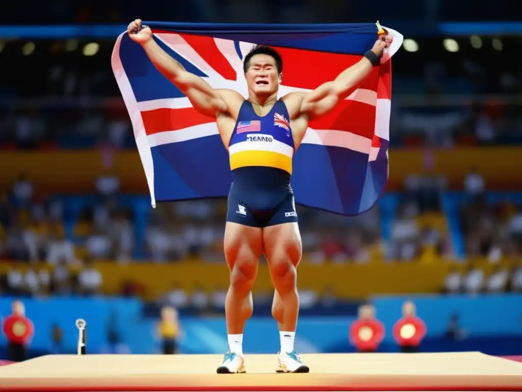 Tamio Kono en halterofilia: Imagen de triunfo con medalla de oro y bandera nacional, reflejando la intensidad y determinación en sus ojos