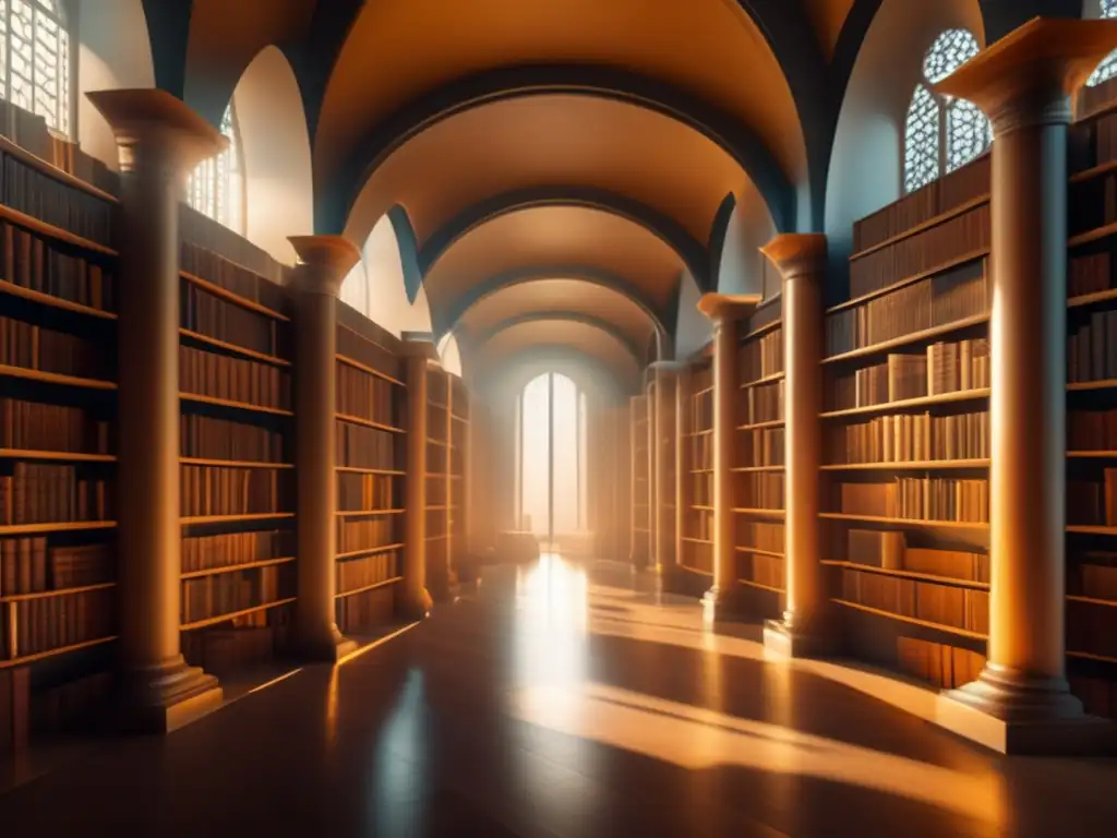 Un laberinto de conocimiento: una biblioteca iluminada por cálida luz natural, con estanterías repletas de libros