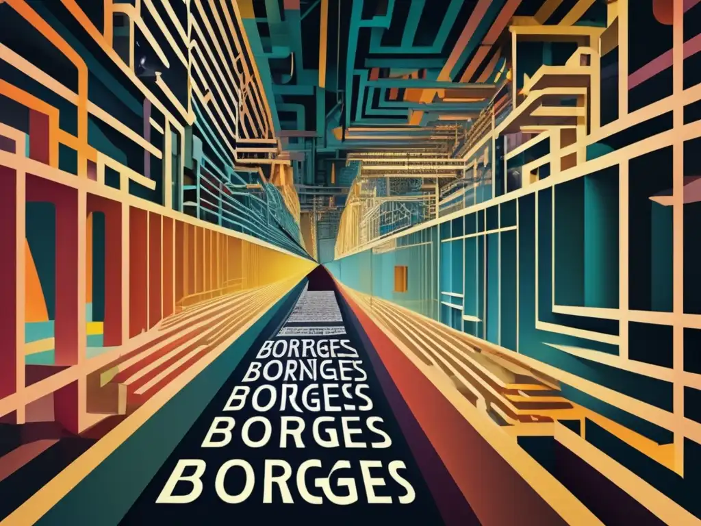 Un laberinto literario: caminos entrelazados, citas de Borges en varios idiomas, colores vibrantes y contrastes de luz y sombra