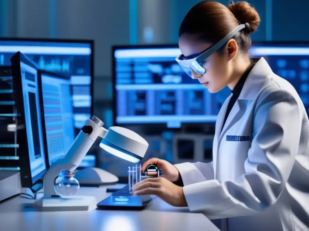 En un laboratorio de alta tecnología, un científico ajusta con cuidado un complejo aparato científico, rodeado de pantallas con datos