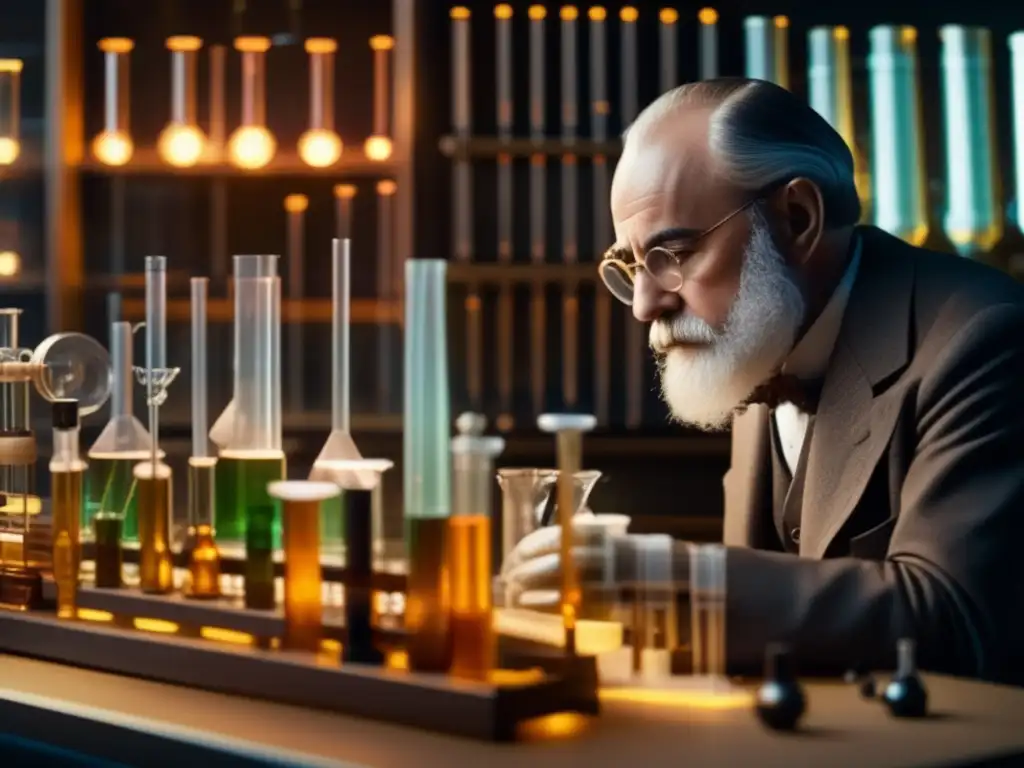 En el laboratorio, Leo Baekeland examina con asombro la creación de la baquelita, rodeado de equipo científico