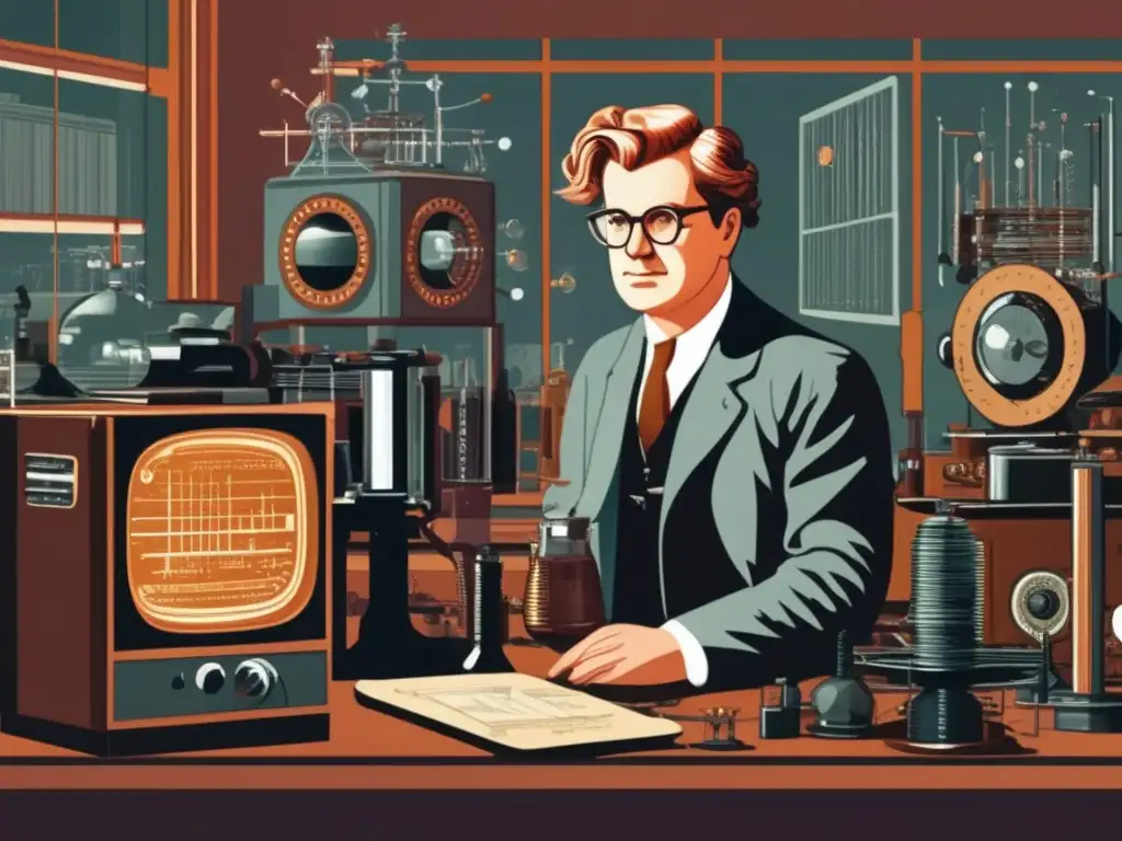 En su laboratorio, John Logie Baird trabaja con determinación en su revolucionaria invención, rodeado de equipos y prototipos de televisores