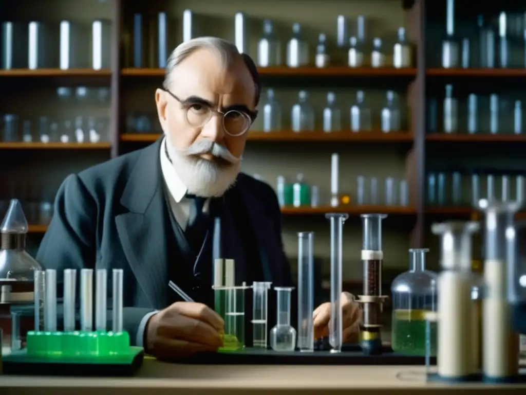 En el laboratorio, Leo Baekeland examina con fascinación la baquelita recién creada
