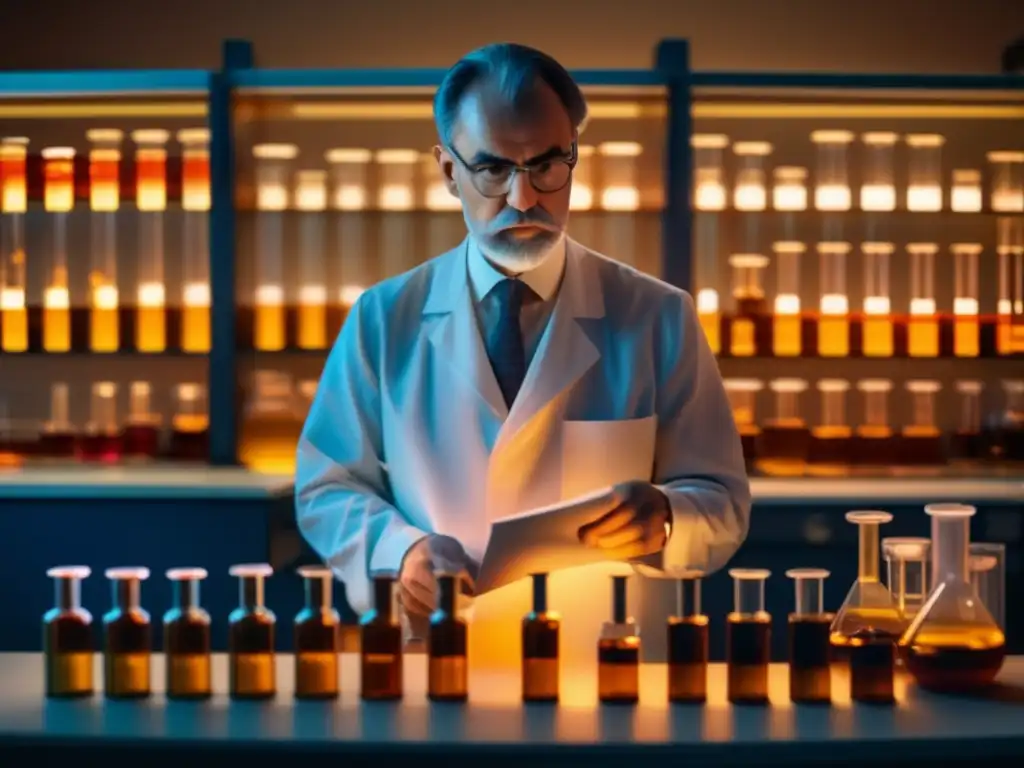 En el laboratorio, Leo Baekeland examina la baquelita con determinación, rodeado de instrumentos científicos