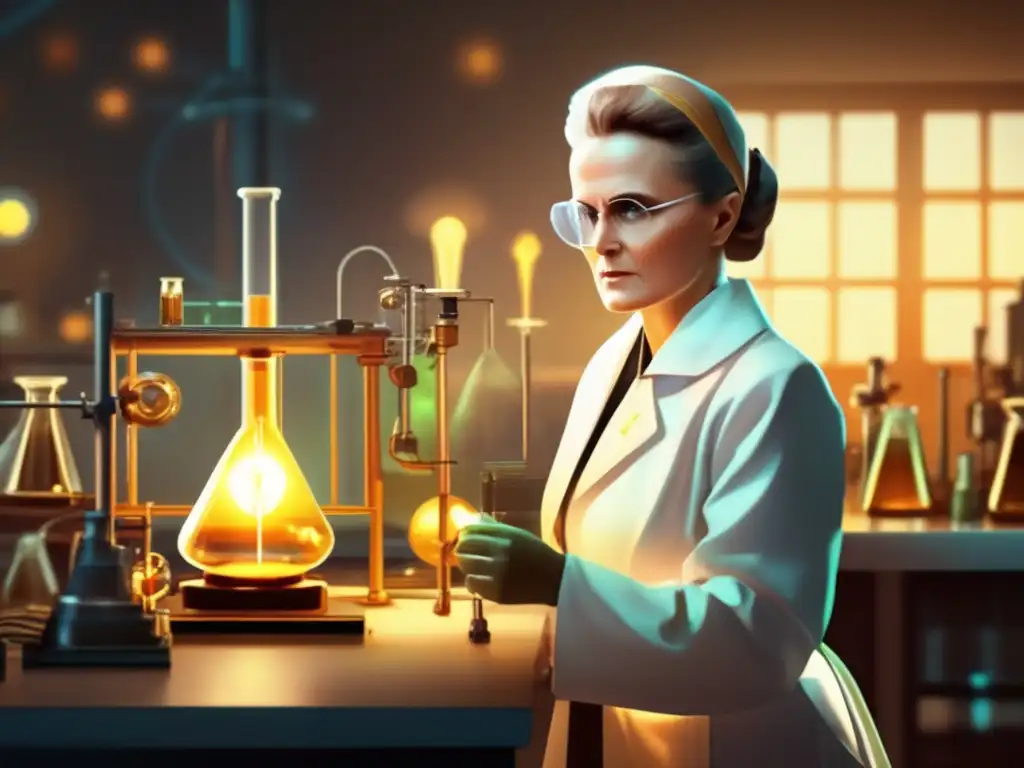 En su laboratorio, Marie Curie, con bata blanca y gafas de seguridad, realiza experimentos, rodeada de equipamiento científico