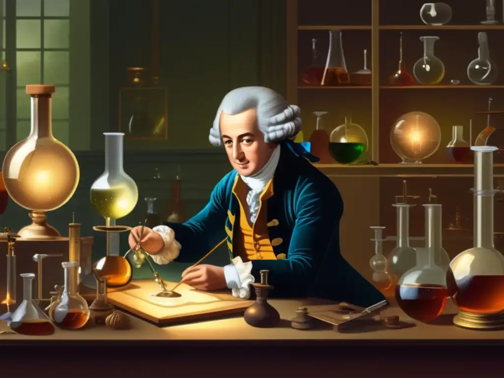 Dentro de un laboratorio, Antoine Lavoisier lleva a cabo un experimento con instrumentos científicos