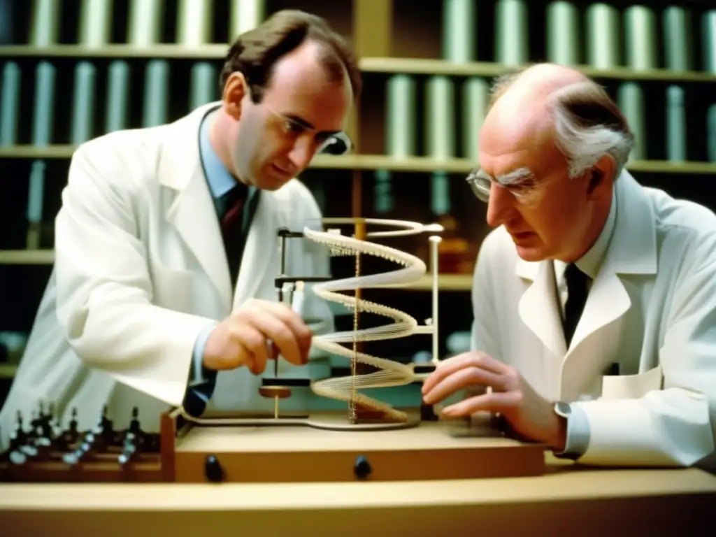 En el laboratorio del Cavendish en Cambridge, Inglaterra, James Watson y Francis Crick analizan el descubrimiento de la doble hélice del ADN