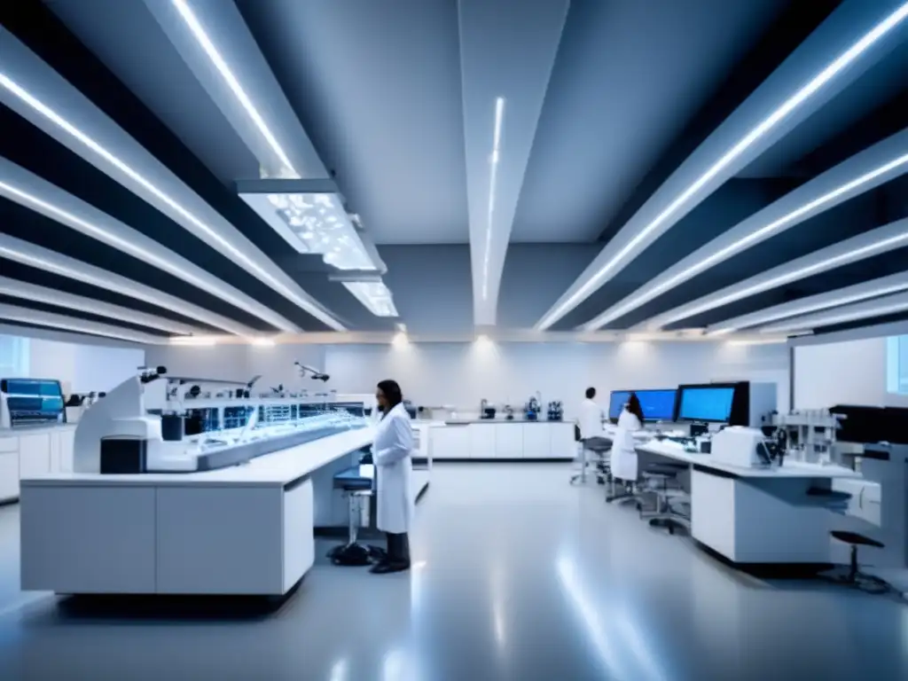 Un laboratorio científico moderno con equipos de última generación y científicos en batas blancas trabajando diligentemente