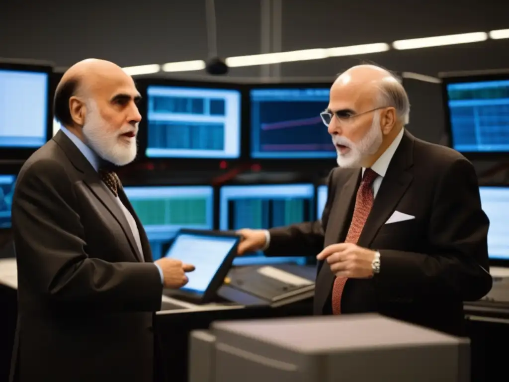 Vint Cerf y Bob Kahn colaboran en un laboratorio de computación, rodeados de tecnología de vanguardia