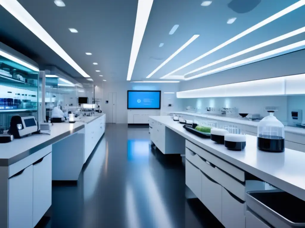 En el laboratorio cosmético de vanguardia de L'Oréal, científicos en batas blancas realizan tareas meticulosas entre equipos futuristas, bañados por una suave luz natural