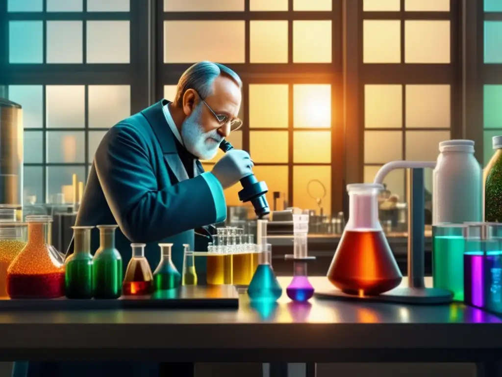 En el laboratorio, Louis Pasteur examina cultivos bacterianos bajo un microscopio moderno