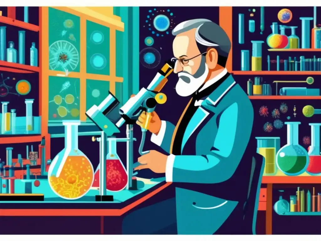 Louis Pasteur en su laboratorio, haciendo descubrimientos de microbiología con su microscopio moderno