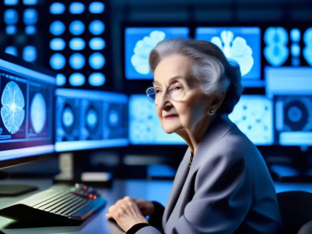 En su laboratorio, Brenda Milner estudia un diagrama neural en su pantalla, rodeada de imágenes cerebrales y equipo de investigación